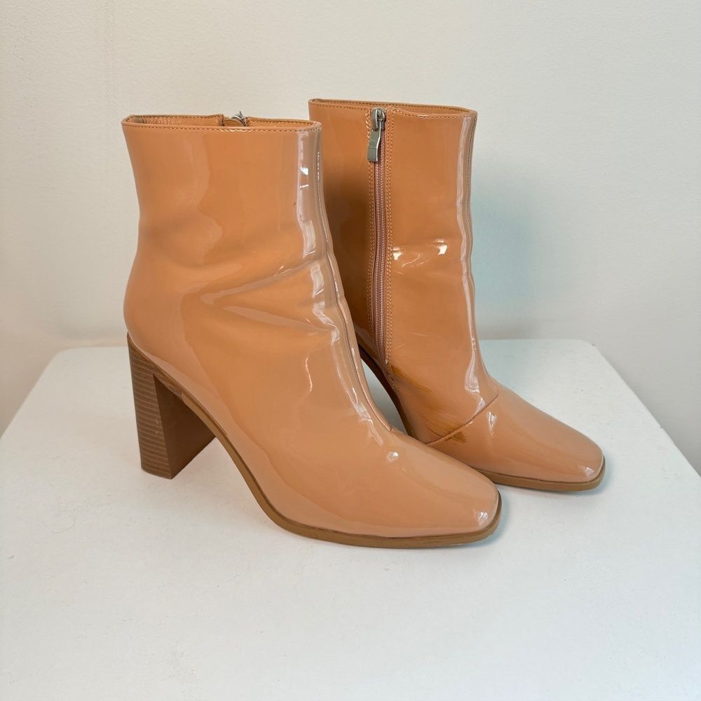 Glamorous- Beige Block Heel Boot In Patent - image 1
